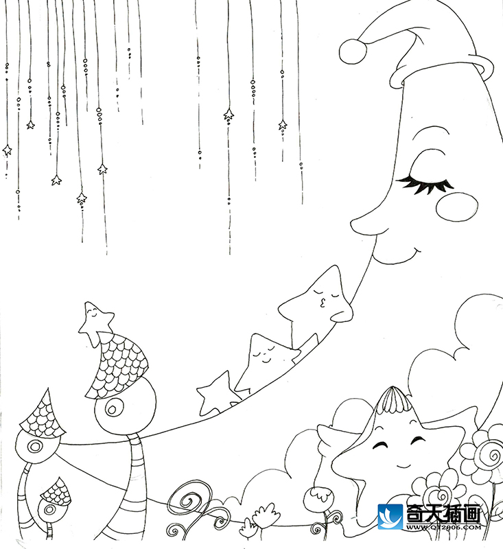 奇天CG學院,手繪插畫,月亮睡了